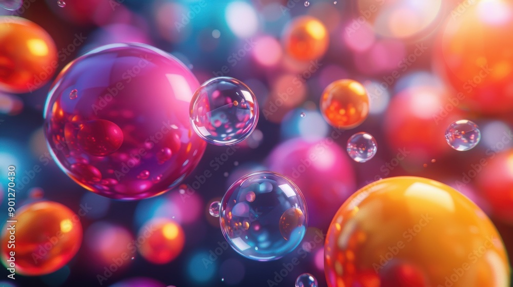 Poster bright and colorful bubbles floating in the air against a dark background, creating a playful and vi