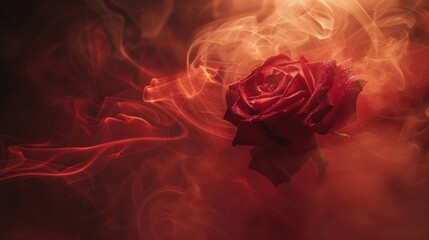 A striking red rose surrounded by swirling smoke, creating a mysterious and dramatic atmosphere in a dark setting.