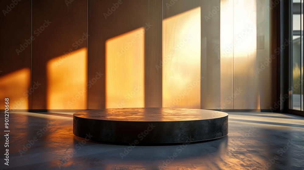 Poster a minimalistic empty podium in a sunlit room, casting shadows and creating a serene, contemplative a