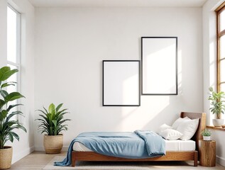 Bed and blue blanket, large blank framed poster mockup, and plants, natural light background, home decor concept. 3D Rendering