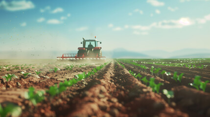 Fototapeta premium Modern Tractor Working in Vast Green Agricultural Field
