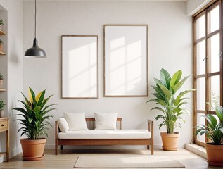 Planter and fabric sofa, large blank framed poster mockup, and plants, natural light background, home decor concept. 3D Rendering