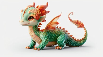 A small, colorful dragon figurine sits on a white surface, perfect for decorative or collectible purposes