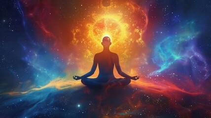 Figure meditating with cosmic background, manifestation, spiritual enlightenment
