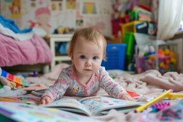 Fototapeta premium Infant Girl with Big Blue Eyes Reading in Colorful Playroom. generative ai