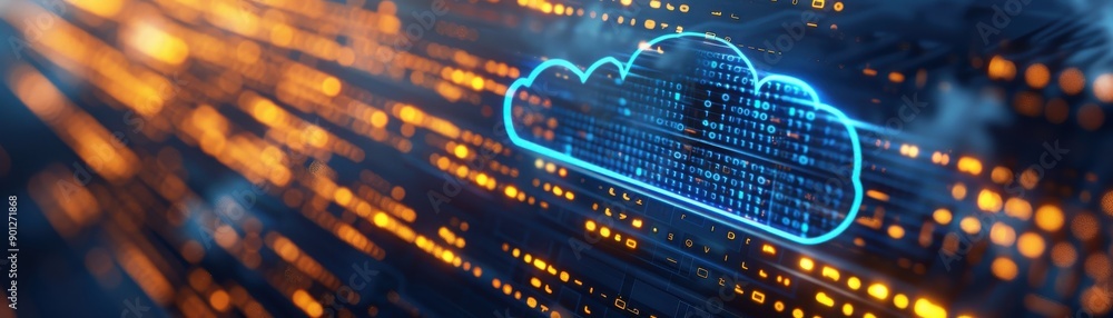 Poster illustration of a digital cloud symbol surrounded by glowing data streams, representing modern techn
