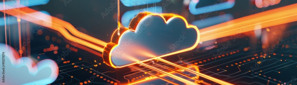 Poster futuristic cloud technology concept with glowing data lines, representing digital transformation and