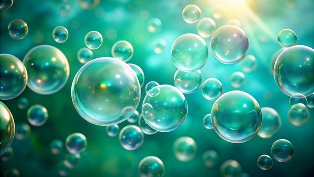 Elegant soap bubbles float above a serene teal background, forming a peaceful and otherworldly atmosphere.