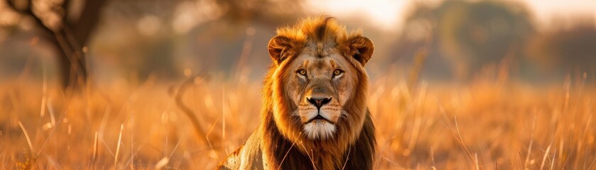 Fototapeta premium Majestic lion resting in golden grassland, showcasing strength and beauty in its natural habitat during sunset.