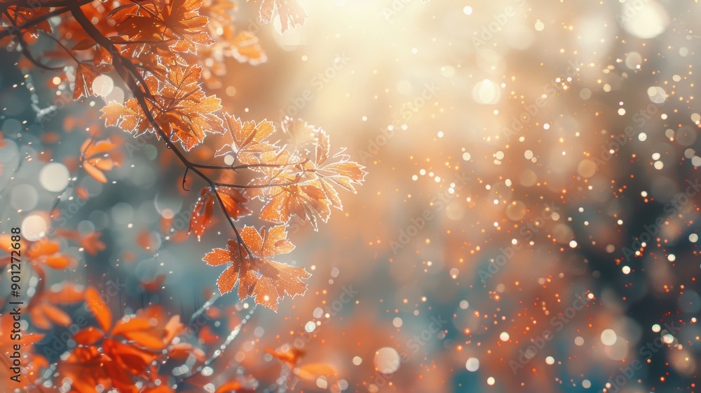 Poster sunlit autumn leaves with sparkling dew, creating a magical and enchanting scene with a bokeh backgr