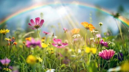 Fototapeta premium Colorful wildflowers in a sunny meadow with a rainbow in the background, capturing the beauty and vibrancy of nature.