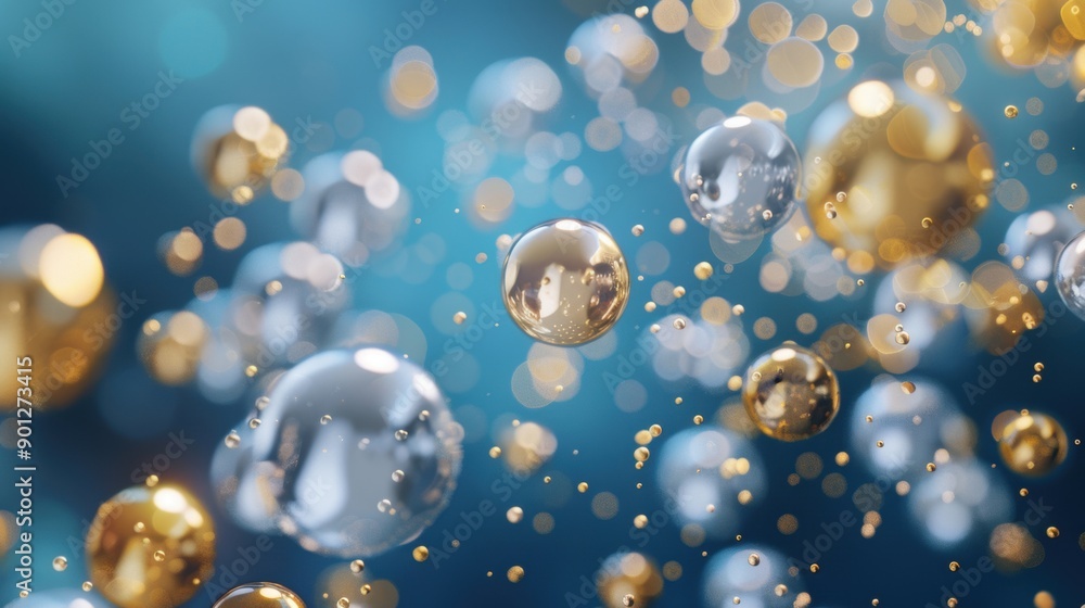 Poster a mesmerizing display of floating bubbles with golden highlights against a blue background, creating