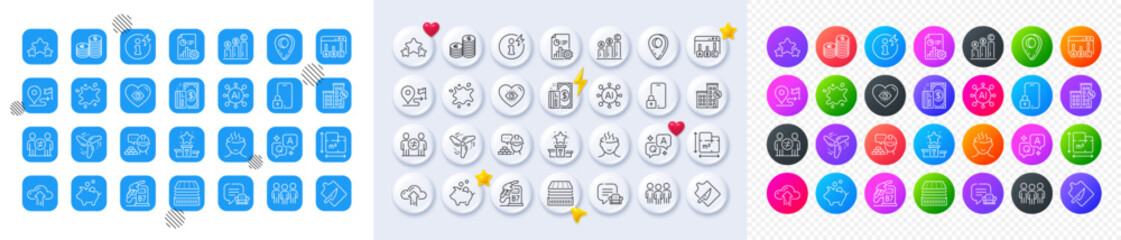 Winner podium, Build and Meditation eye line icons. Square, Gradient, Pin 3d buttons. AI, QA and map pin icons. Pack of Journey, Discrimination, Power info icon. Vector