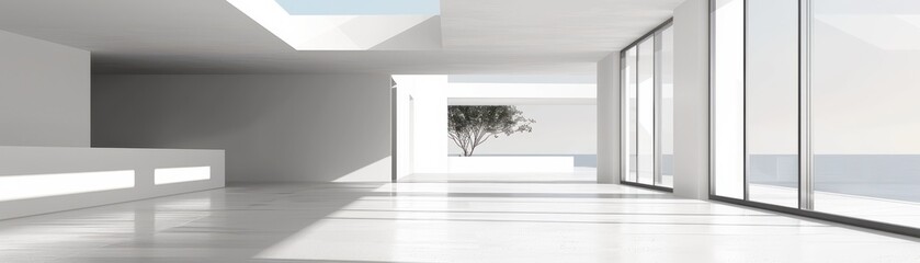 Spacious modern interior with sleek lines and abundant natural light, perfect for showcasing minimalistic design aesthetics.