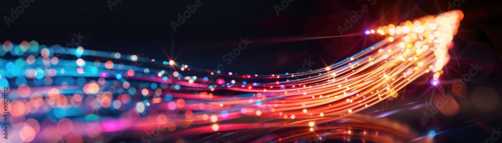 Poster vibrant light trails create a dynamic arrow shape, symbolizing movement and progress in a modern dig