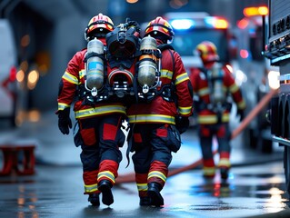 Naklejka premium Artistic capture of firefighters providing medical assistance, representing their crucial role in emergency situations