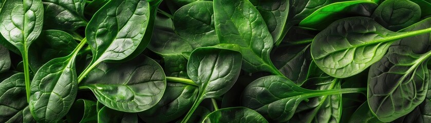 Fototapeta premium Fresh spinach leaves close-up. Green leafy vegetable background. Healthy eating, organic food, and vegetarian diet concept. High-resolution image.