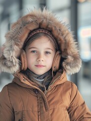 A young child dressed in warm clothing for the outdoors, ideal for winter scenes or outdoor adventures