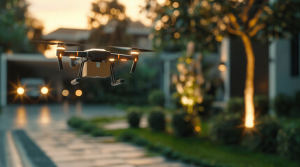 A delivery drone carrying a package to a customer's doorstep, showcasing futuristic e-commerce logistics