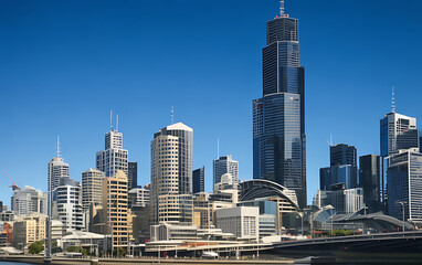 Naklejka premium Features a dynamic and diverse array of skyscrapers and high-rise buildings.