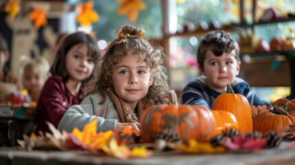 Four children smile at the camera with pumpkins and autumn leaves in front of them.