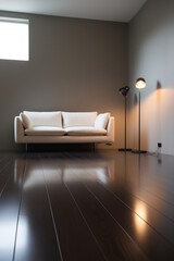 A white sectional sofa with wooden accents sleek modern interior design aesthetic perfectly.