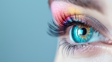 A conceptual image of an eye with a rainbow-colored iris, conveying a message of inclusivity and acceptance. The minimalist design and generous copy space allow for versatile use in various projects.