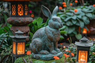 Jade Rabbit surrounded by green and lanterns in the Garden, copy space for text. Concept: Mid-Autumn Festival, East Asian traditional holiday, holiday symbols