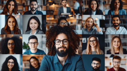 Fototapeta premium A diverse group of remote workers on a video call, with a mosaic of faces from different backgrounds on the screen