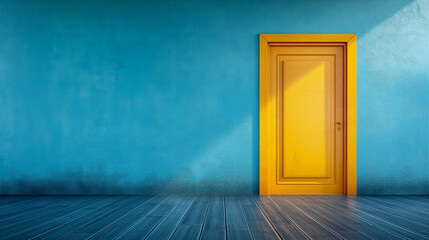 Yellow Doorway in a Blue Room With Wood Flooring. Generative AI