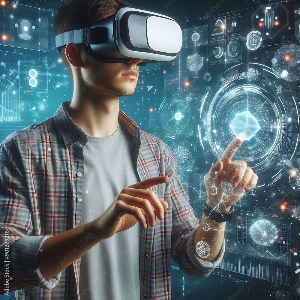 Poster a man wearing a virtual reality headset is interacting with a computer screen. concept of immersion 