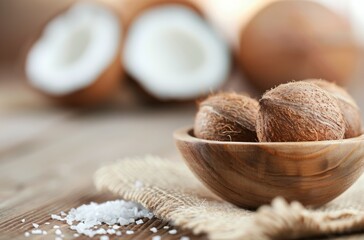Coconut Shells in Wooden Bowl on Table