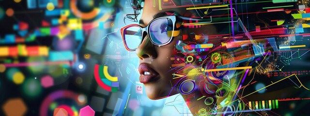 Collage of digital elements, such as code lines and graphs, merging with an abstract portrait of a woman Business and Modern Technology Art Collage