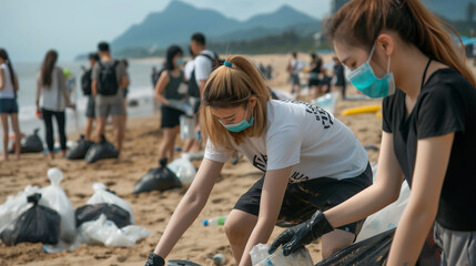 A group of tourists participating in a beach clean-up initiative, promoting responsible travel and environmental awareness