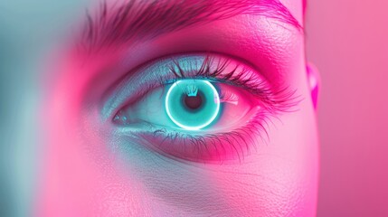 An abstract neon eye graphic, created in a minimalist style with clean lines and a vibrant color palette. The image is perfect for projects that need a modern and attention-grabbing visual.