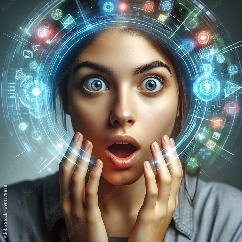 Poster a woman with her eyes wide open is staring at a computer screen with a circle of icons surrounding h