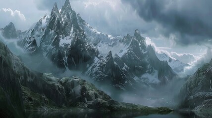 Fantasy landscape of snowy mountains with Winter landscape with a lake and mountain peaks in the background. Winter Mountains Landscape Alps during Snowfall. Snow covered mountain landscape.