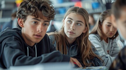Fototapeta premium A group of teenagers sitting in a classroom, listening intently to the teacher. The students are engaged in the lesson and appear to be paying close attention.