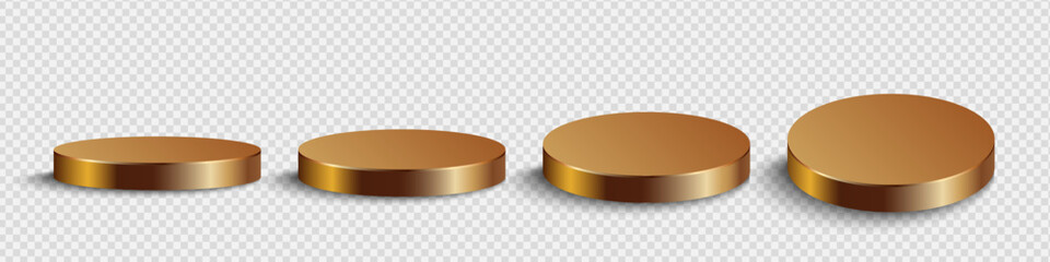 Realistic golden round podium isolated on transparent background. Geometric metal round shape for product branding. Golden cylinder mockup scene. 3D vector background illustration