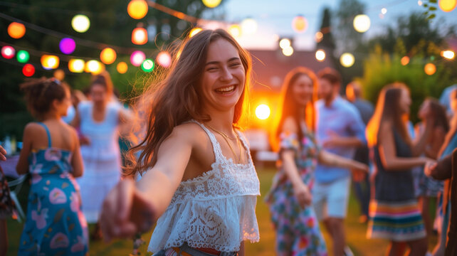 Lachende Frau feiert mit Familie beim Sommerfest