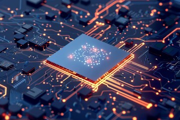 A microchip adorned with quantum symbols represents advanced computing technology