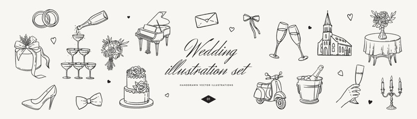 Set of hand drawn wedding illustrations with different elements, rings, champagne, cake, bouquet, church, piano and champagne glasses. Vector wedding illustrations for invitations, cards and posters.