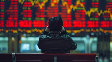 Obraz premium An investor watching stock market numbers plummet on screens, reflecting the unpredictability of financial markets