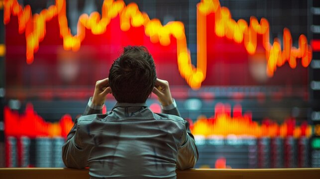 An investor watching stock market numbers plummet on screens, reflecting the unpredictability of financial markets