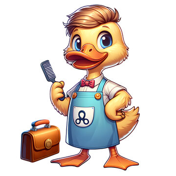 Cartoon illustration (PNG 300 dpi), Duck has become a barber !