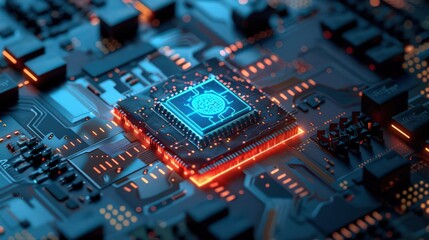 Fototapeta premium Close-up of a futuristic microprocessor on a circuit board with glowing elements, illustrating advanced technology and innovation.