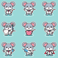 Vector illustration of Cute Character Cartoon of Mouse Doctor. Mouse character different poses illustration. Flat Cartoon Style. Animal Health Concept. 