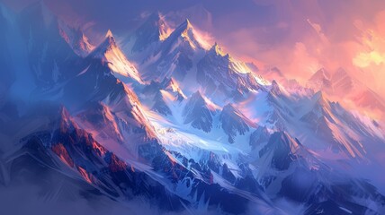 Fantasy landscape of snowy mountains with Winter landscape with a lake and mountain peaks in the background. Winter Mountains Landscape Alps during Snowfall. Snow covered mountain landscape.