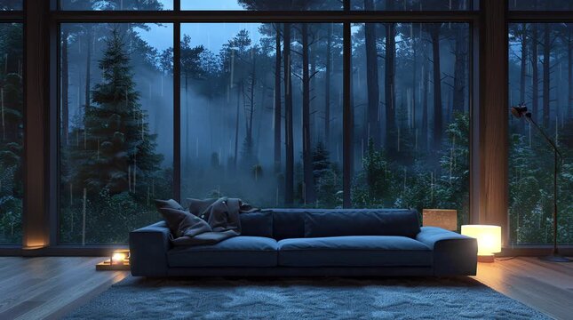 Cozy room with a sofa by a large window, overlooking a rainy dark forest, evoking a serene and introspective ambiance.
  Seamless looping 4k time-lapse virtual video animation Generated AI