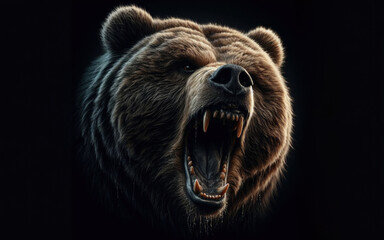 Brown grizzly bear I widely open mouth dirty teeth, violet tongue and a wet nose © Ruslan Gilmanshin